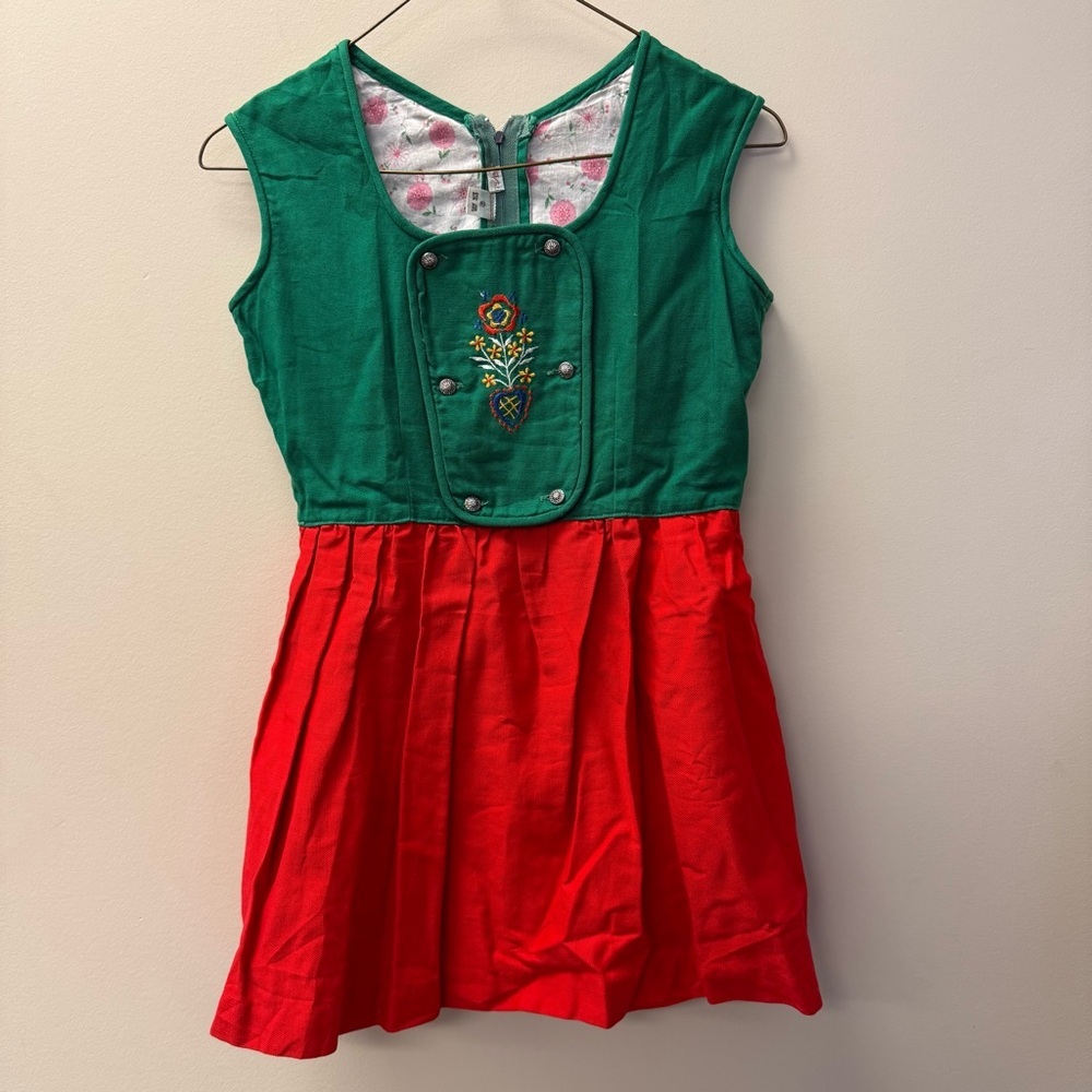 Vintage Green and Red Embroidered Dress European 100% wool Christmas